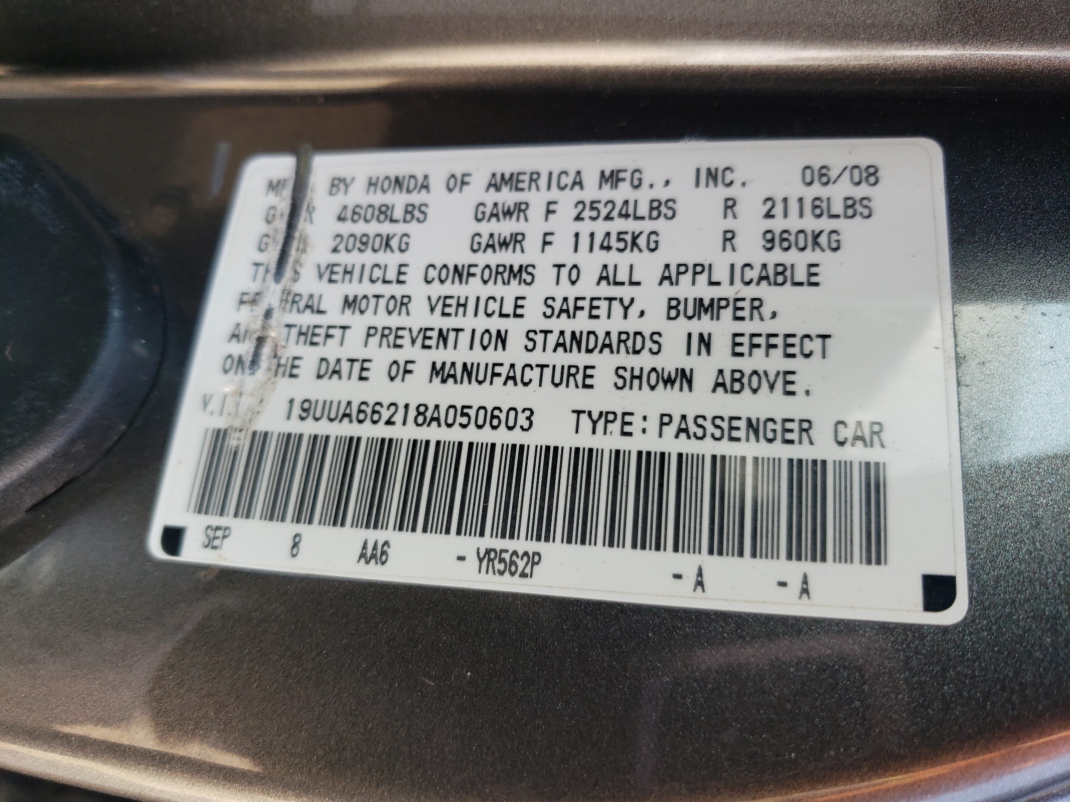 19UUA66218A050603 2008 Acura Tl