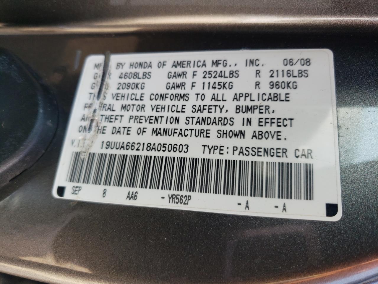 2008 Acura Tl VIN: 19UUA66218A050603 Lot: 65899124