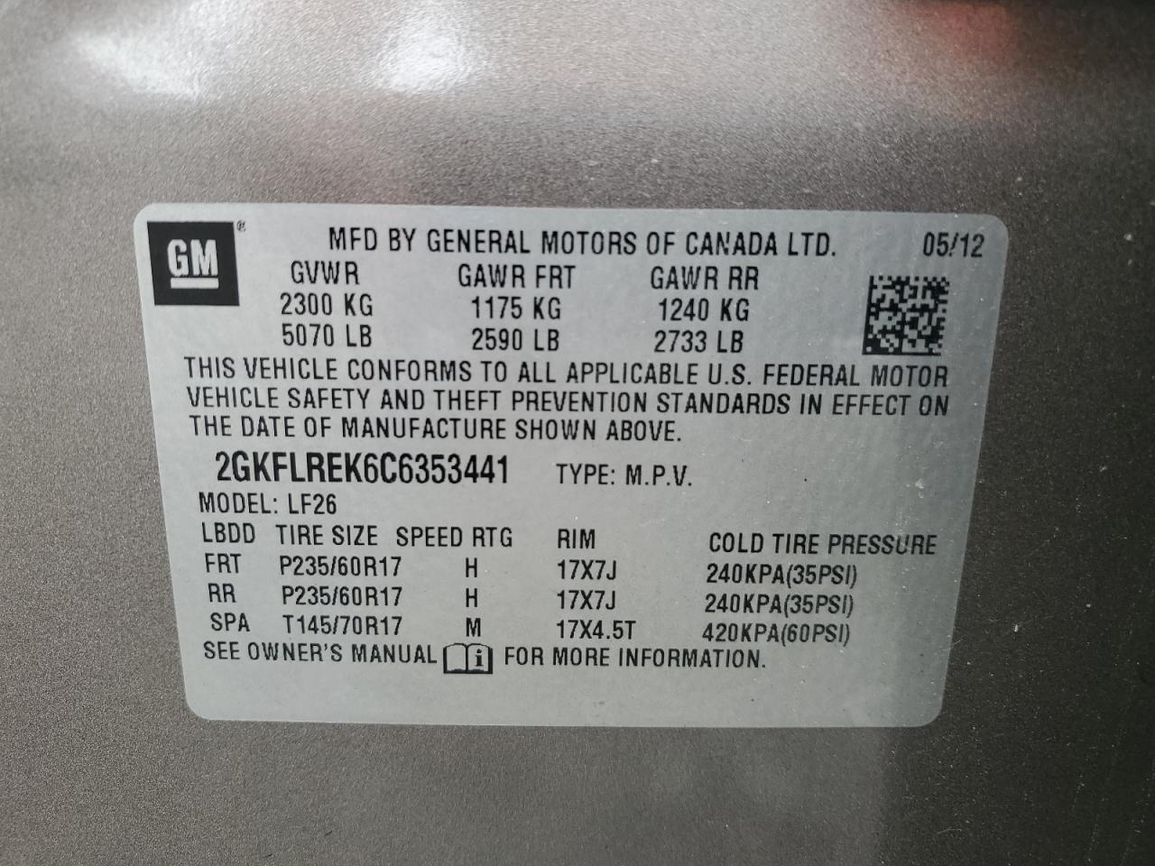 2012 GMC Terrain Sle VIN: 2GKFLREK6C6353441 Lot: 67619934