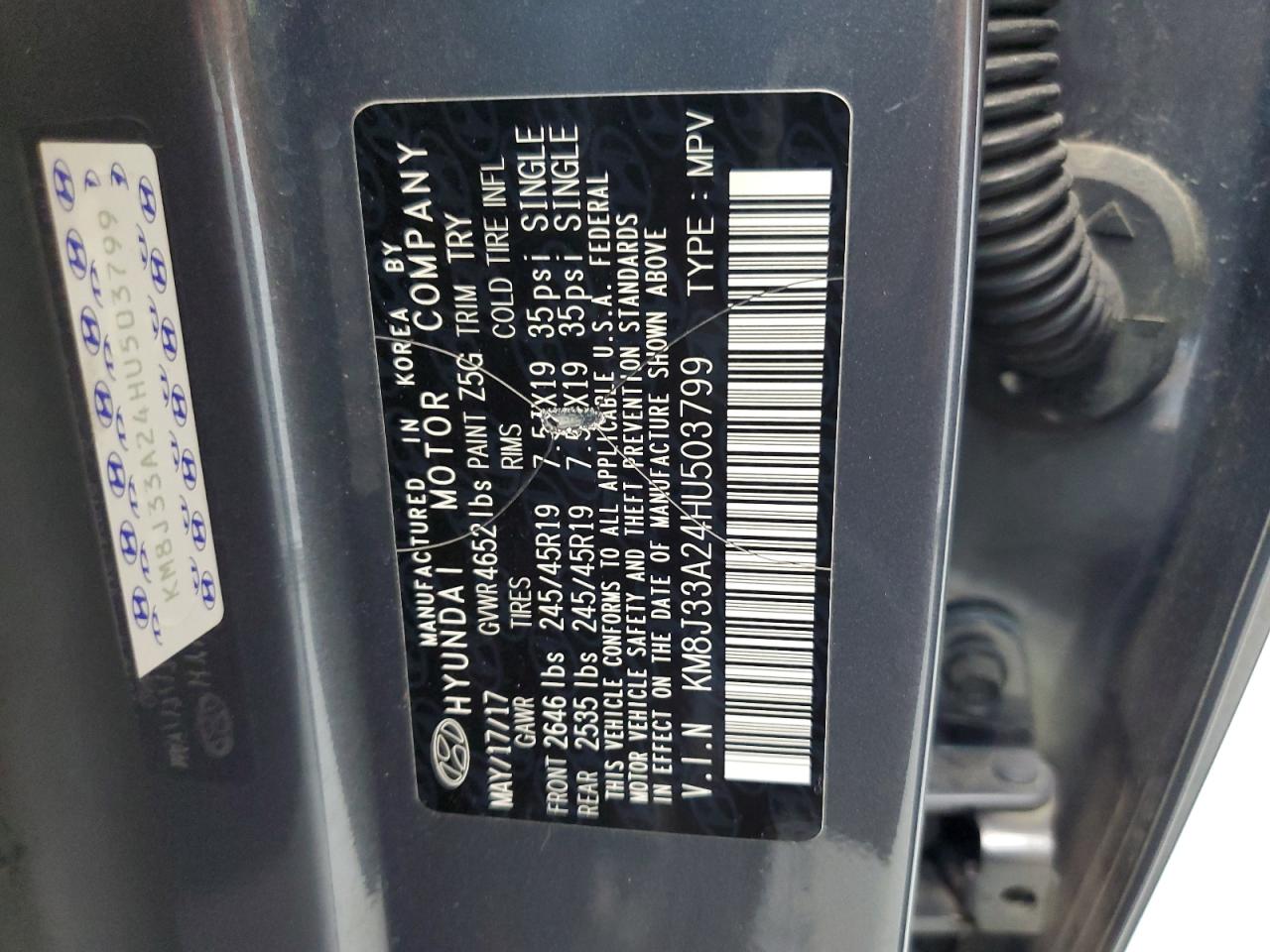 2017 Hyundai Tucson Limited VIN: KM8J33A24HU503799 Lot: 65902504