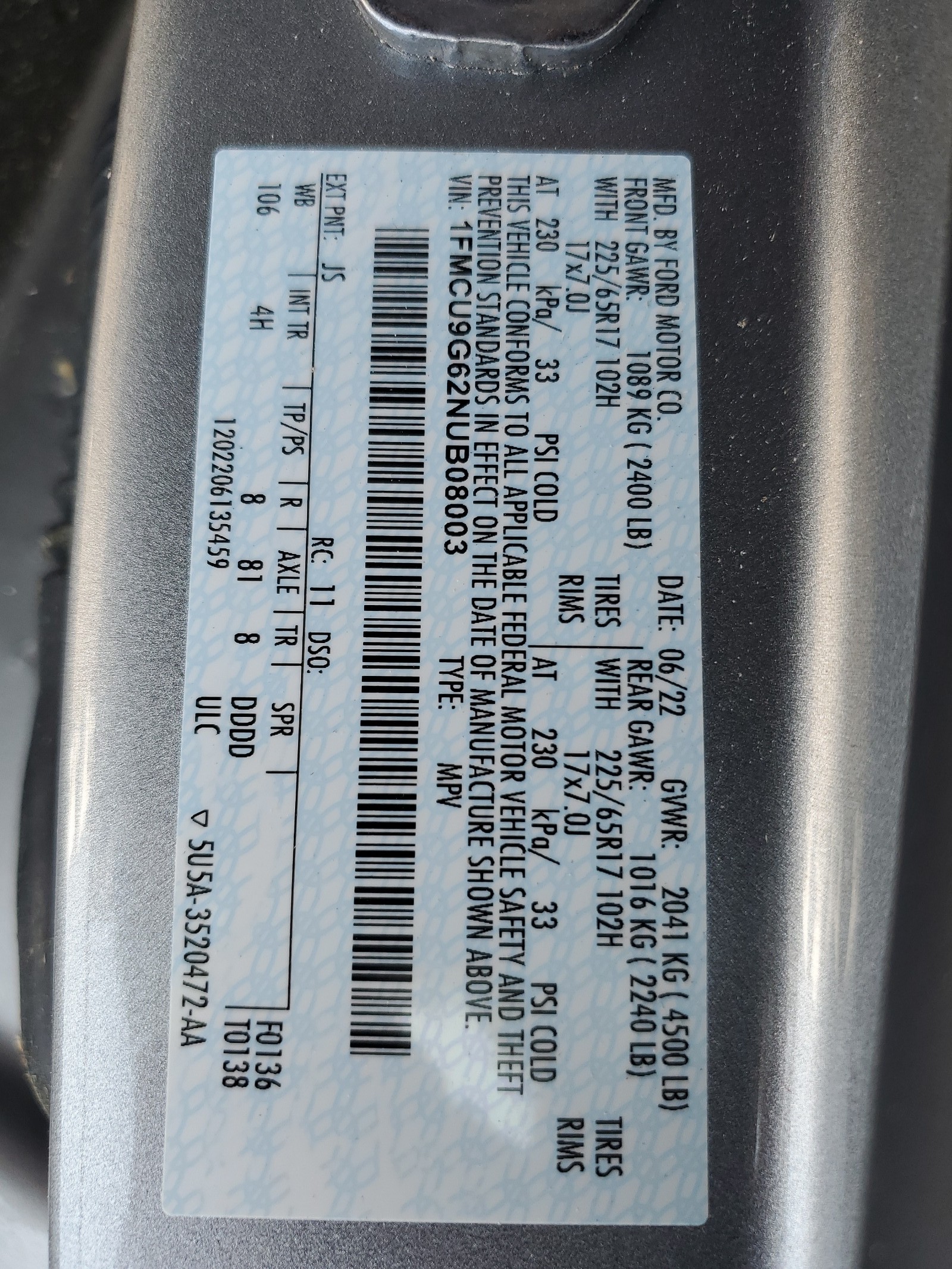 1FMCU9G62NUB08003 2022 Ford Escape Se