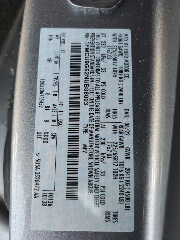 2022 Ford Escape Se VIN: 1FMCU9G62NUB08003 Lot: 67509354