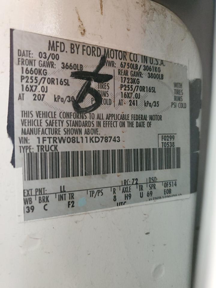 2001 Ford F150 Supercrew VIN: 1FTRW08L11KD78743 Lot: 67799514