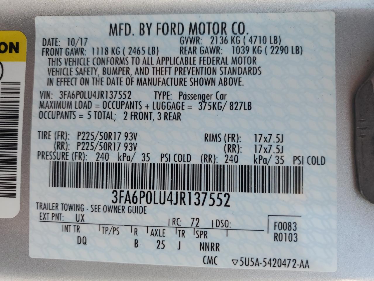 3FA6P0LU4JR137552 2018 Ford Fusion Se Hybrid