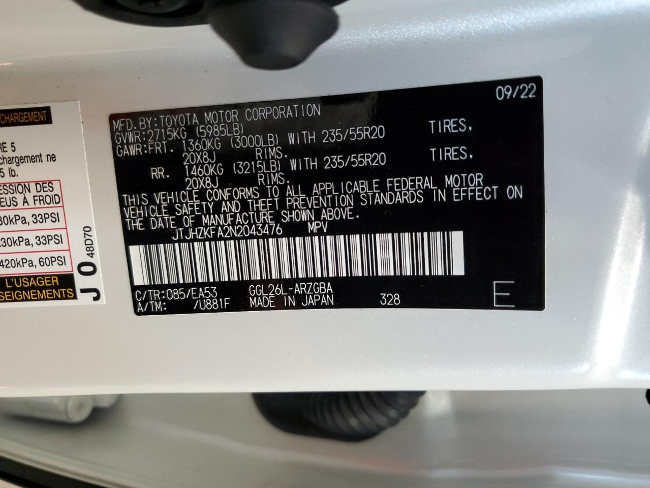 2022 Lexus Rx 350 L VIN: JTJHZKFA2N2043476 Lot: 63835304