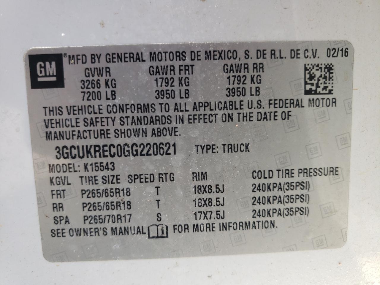 3GCUKREC0GG220621 2016 Chevrolet Silverado K1500 Lt