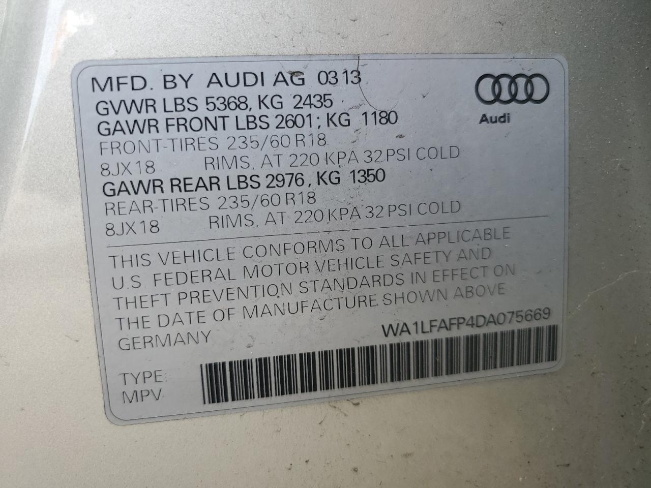 2013 Audi Q5 Premium Plus VIN: WA1LFAFP4DA075669 Lot: 68264204