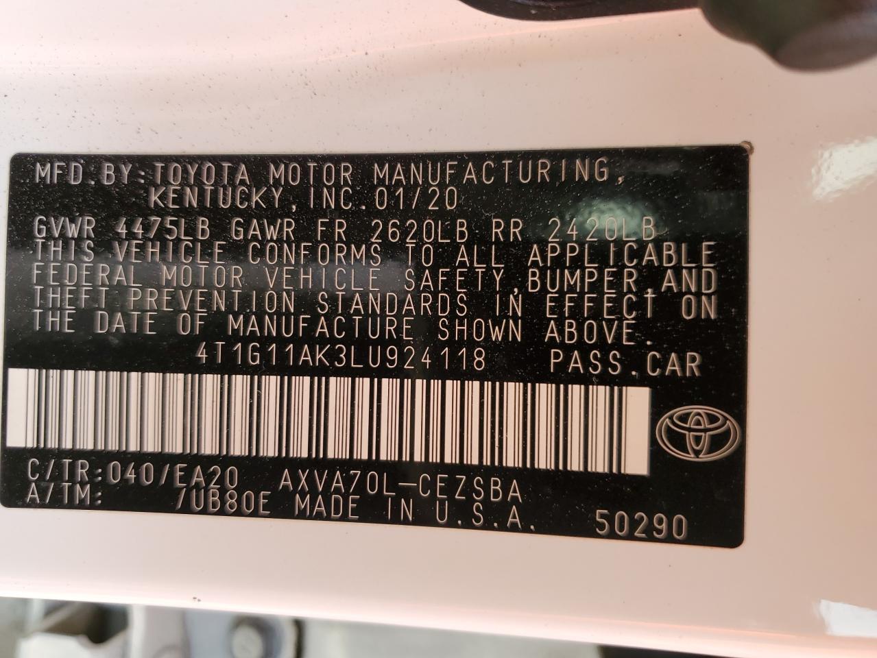 4T1G11AK3LU924118 2020 TOYOTA CAMRY - Image 12