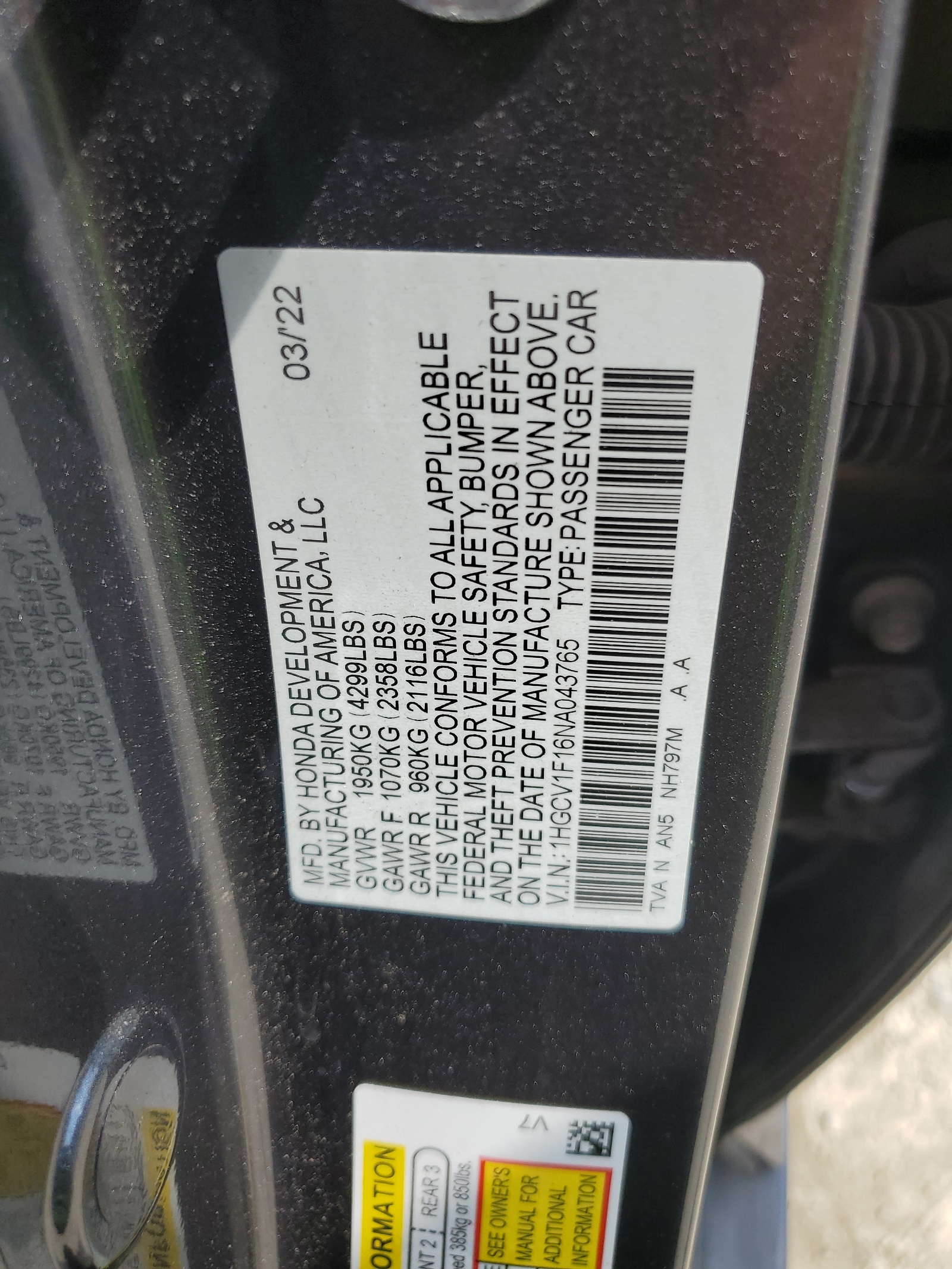 1HGCV1F16NA043765 2022 Honda Accord Lx