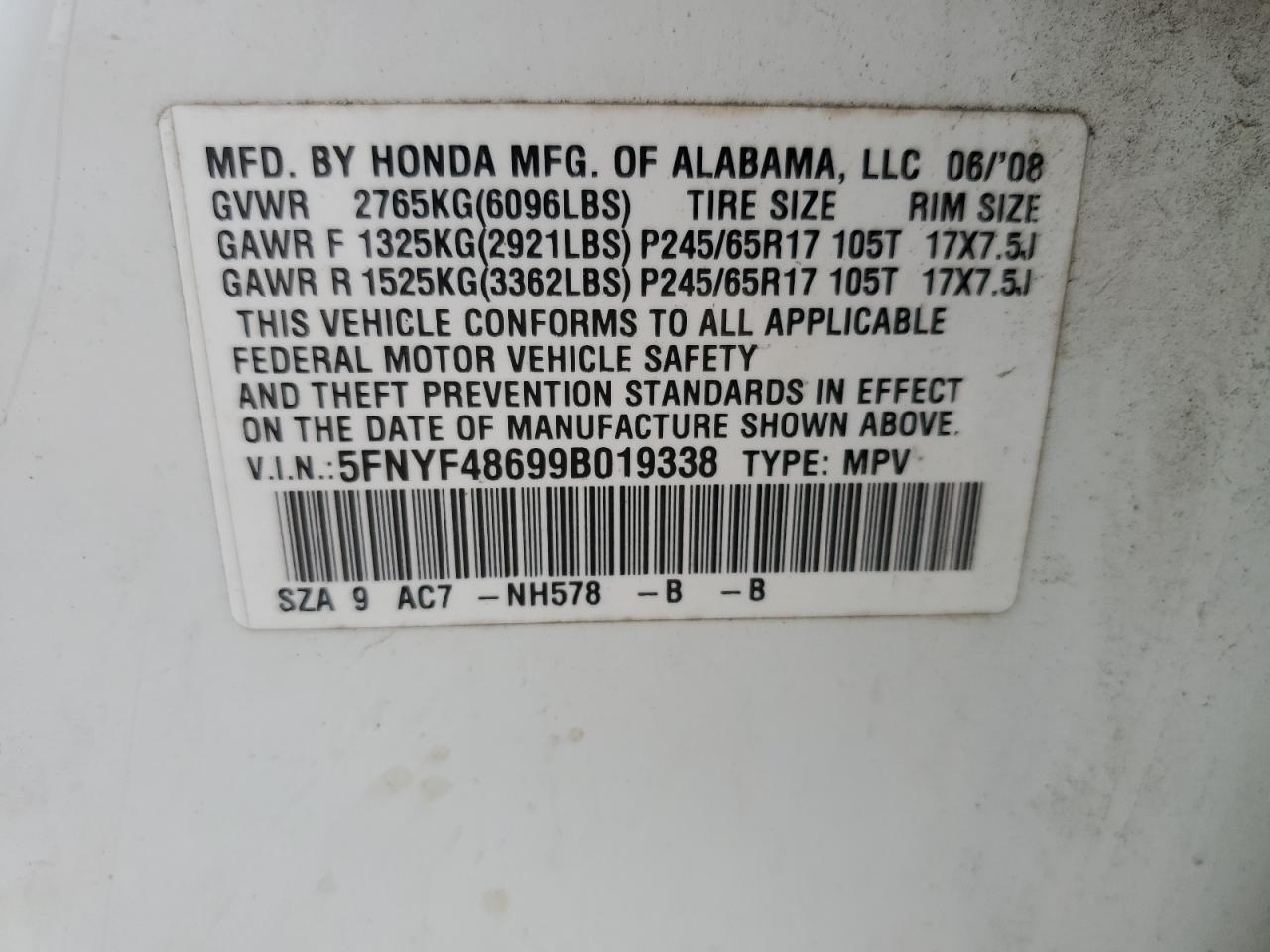 2009 Honda Pilot Exl VIN: 5FNYF48699B019338 Lot: 66145384