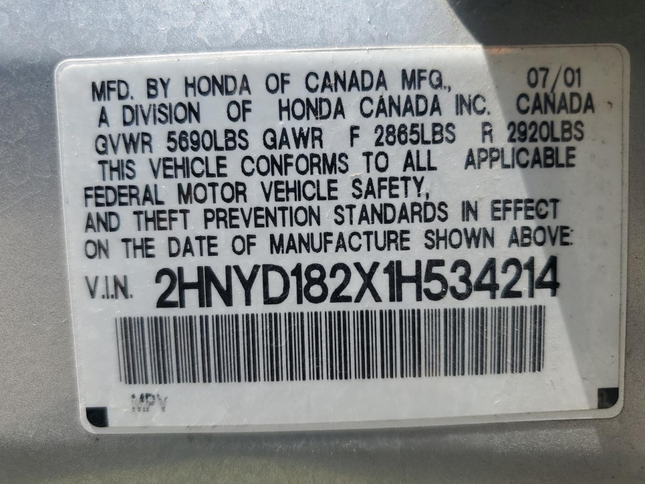 2001 Acura Mdx VIN: 2HNYD182X1H534214 Lot: 65810514