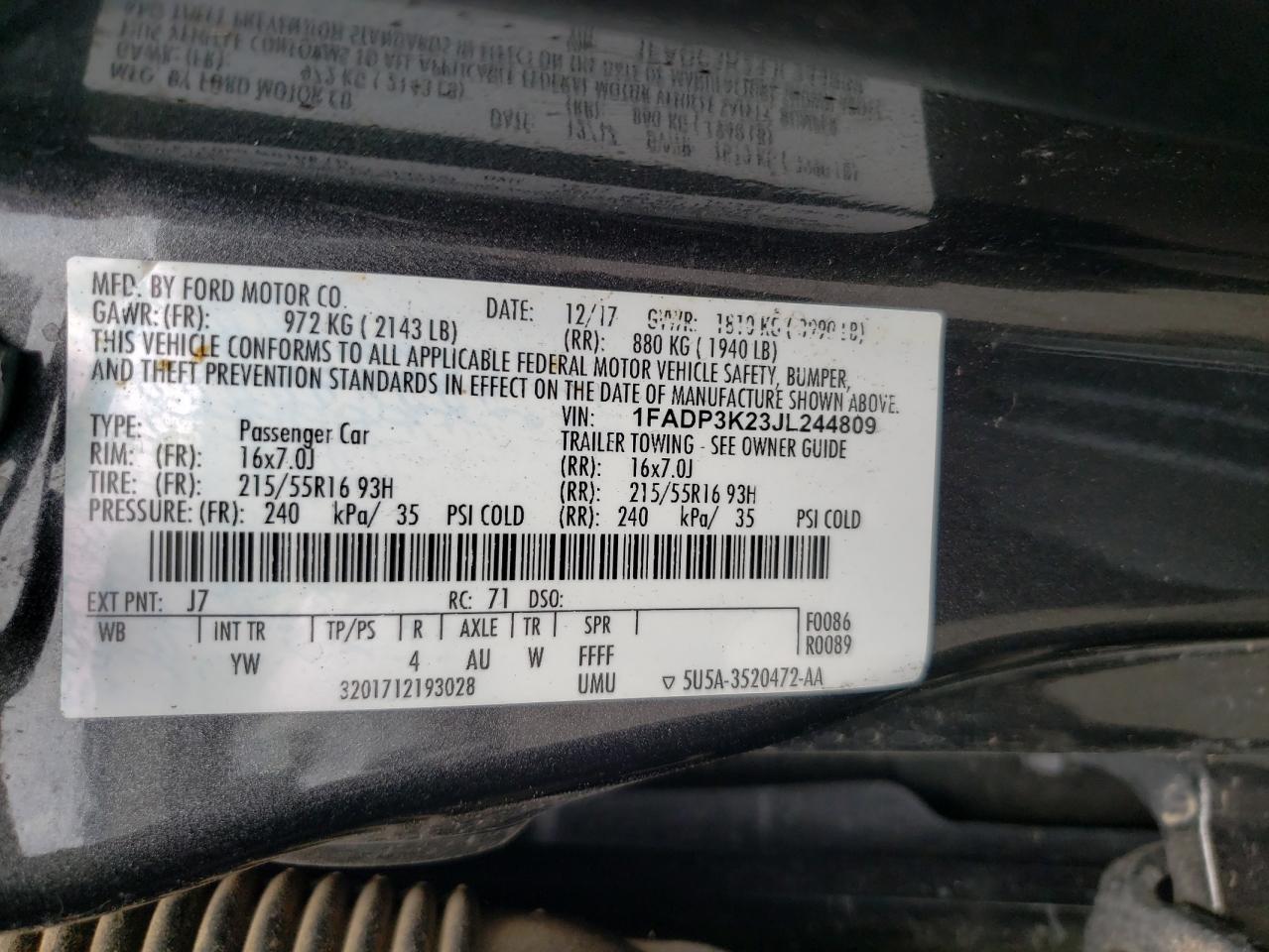 1FADP3K23JL244809 2018 Ford Focus Se