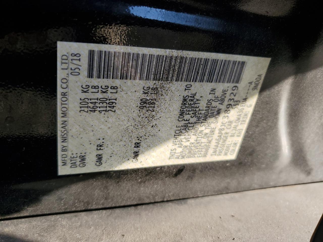 2018 Nissan Maxima 3.5S VIN: 1N4AA6AP8JC389329 Lot: 69001374