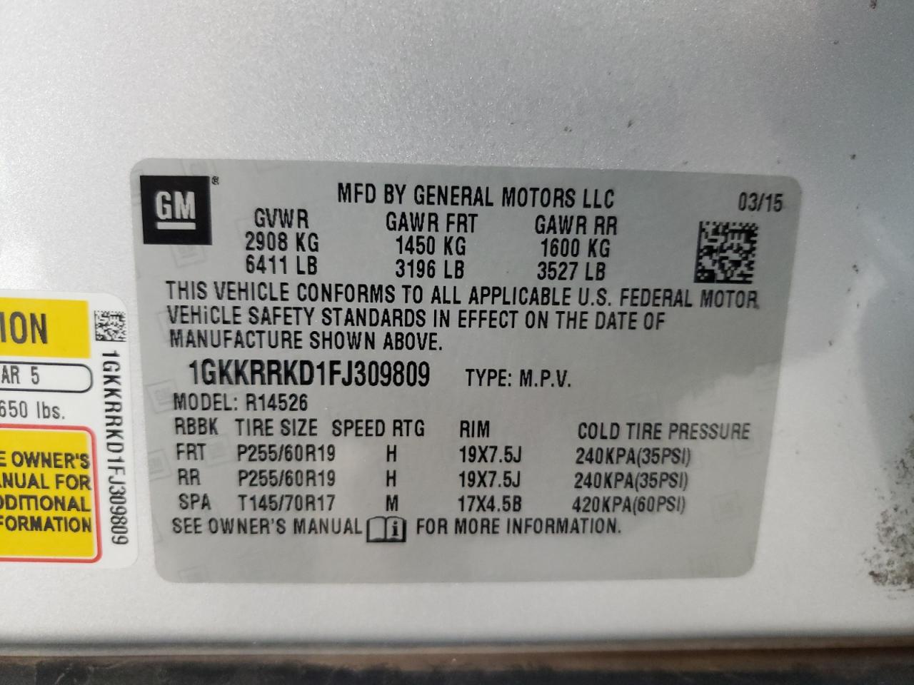 2015 GMC Acadia Slt-1 VIN: 1GKKRRKD1FJ309809 Lot: 79115074