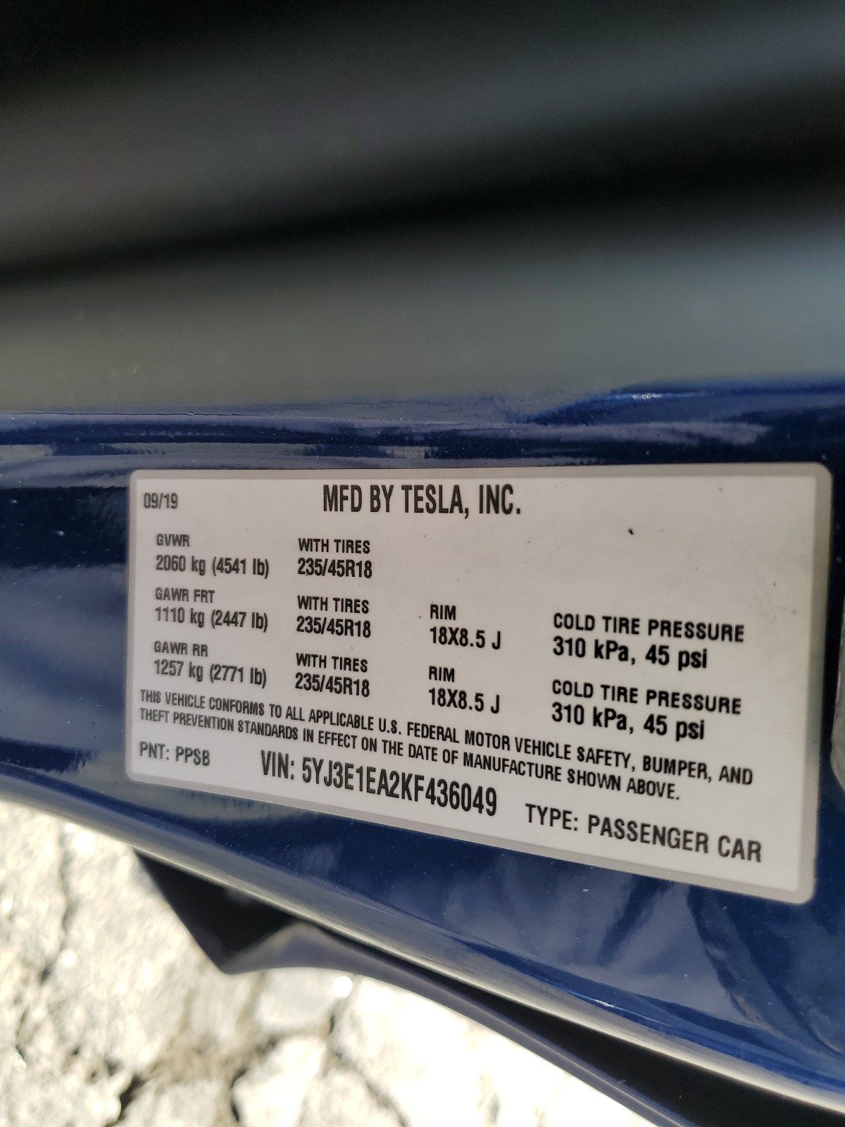 5YJ3E1EA2KF436049 2019 Tesla Model 3