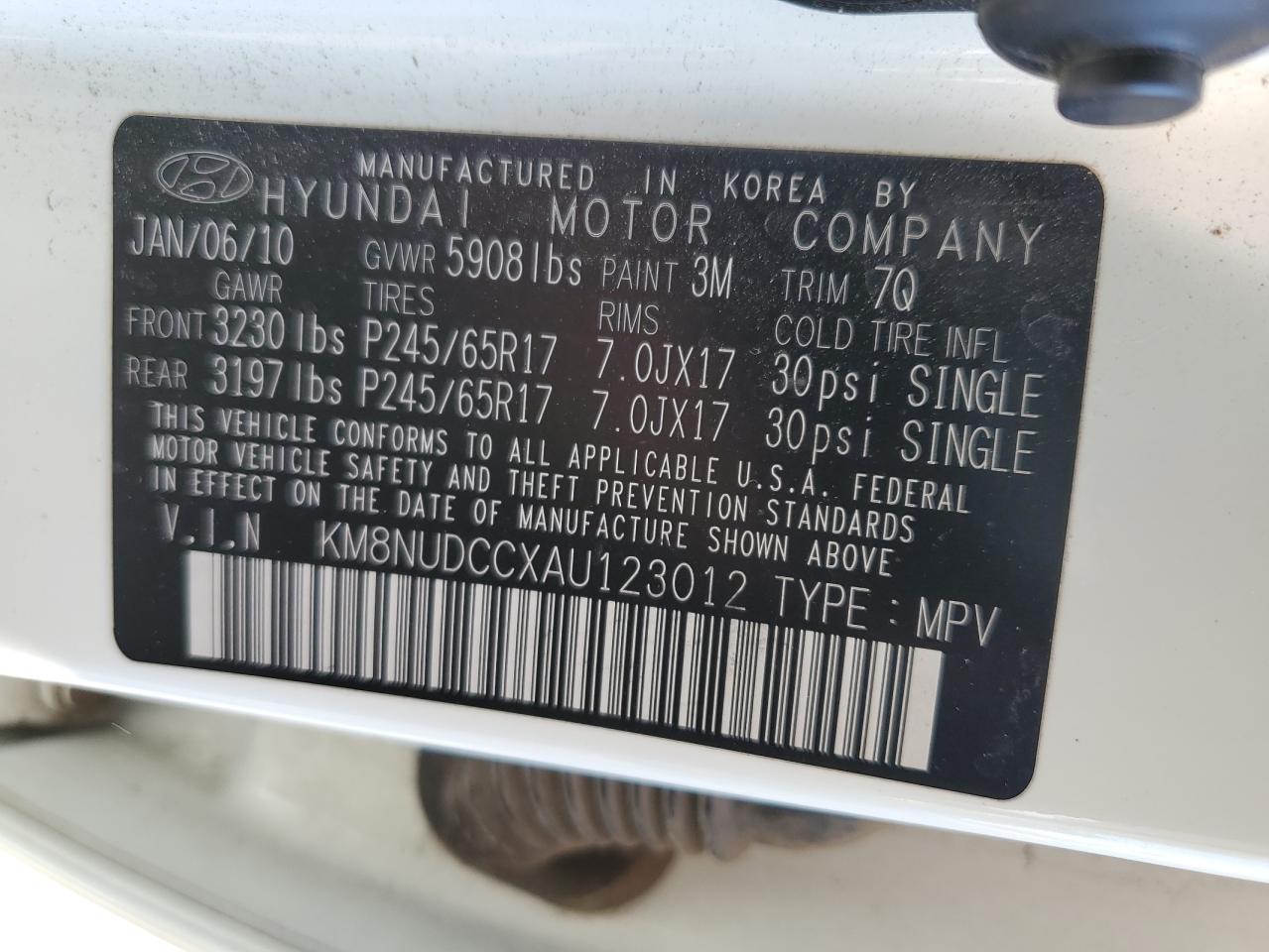 KM8NUDCCXAU123012 2010 Hyundai Veracruz Gls