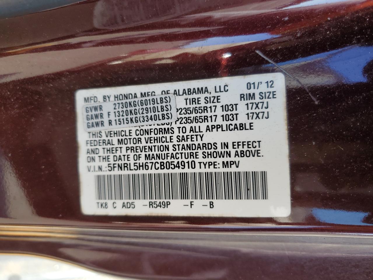 2012 Honda Odyssey Exl VIN: 5FNRL5H67CB054910 Lot: 68500764