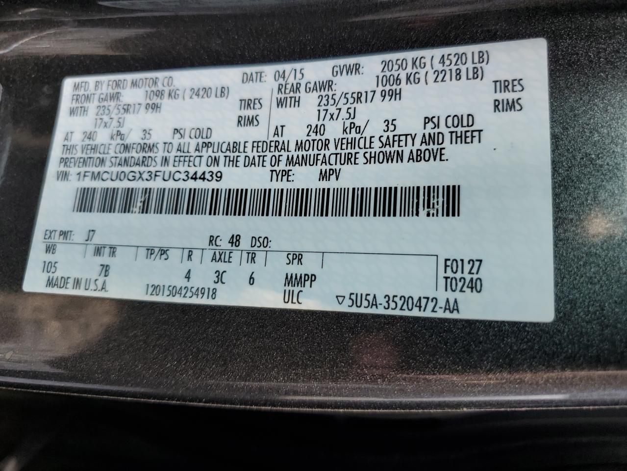 2015 Ford Escape Se VIN: 1FMCU0GX3FUC34439 Lot: 66988134