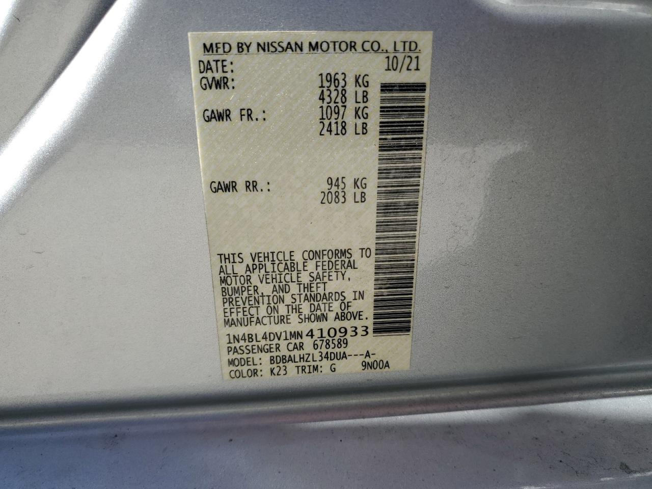 1N4BL4DV1MN410933 2021 Nissan Altima Sv