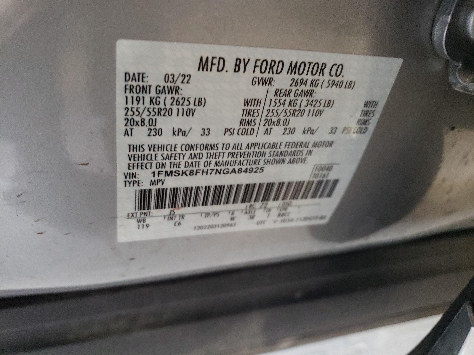 1FMSK8FH7NGA84925 2022 Ford Explorer Limited