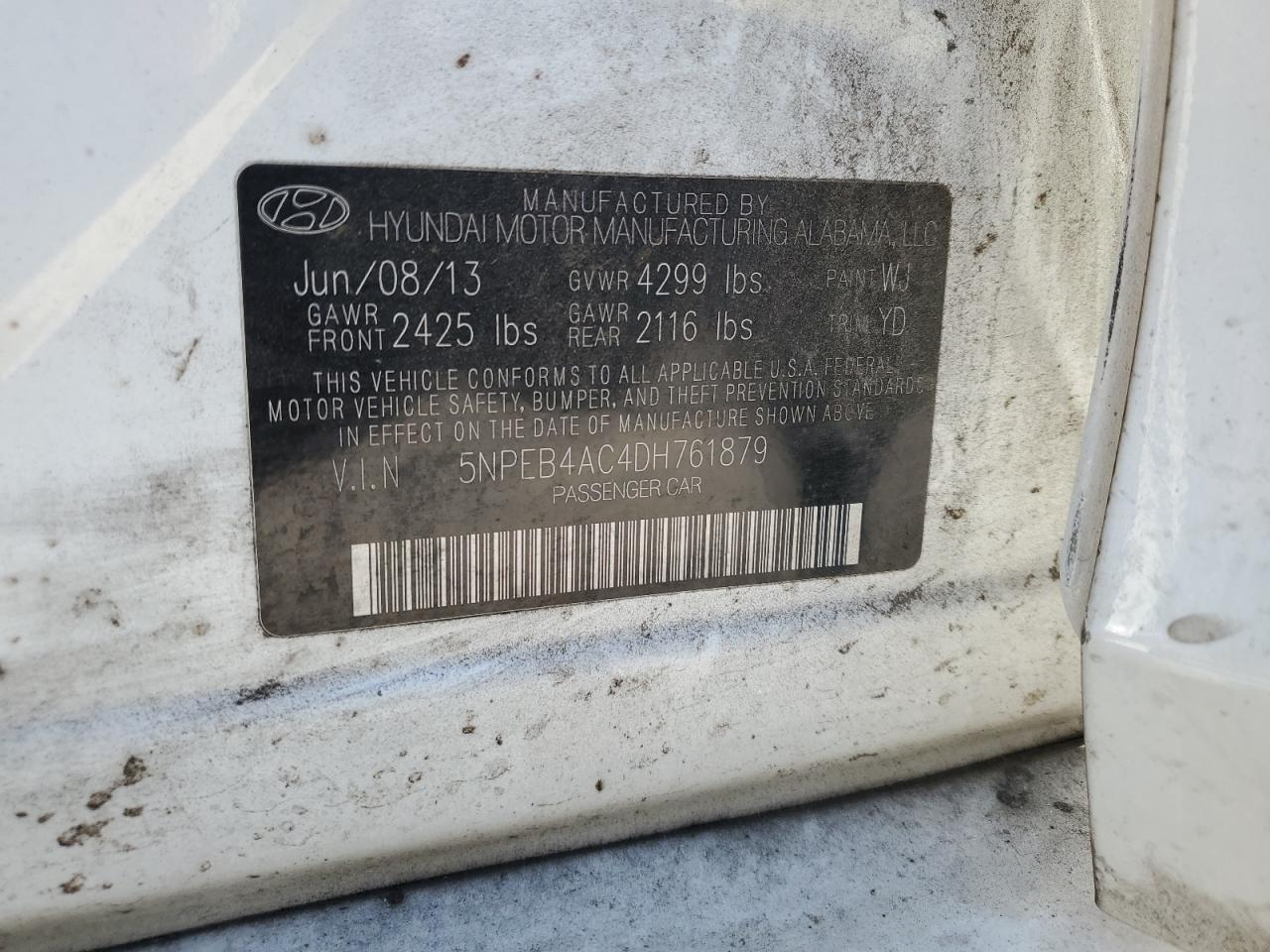 2013 Hyundai Sonata Gls VIN: 5NPEB4AC4DH761879 Lot: 67046954