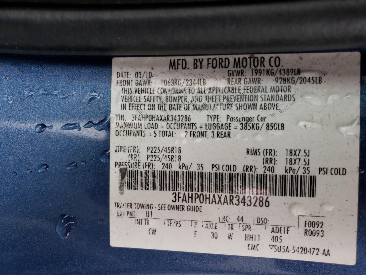 2010 Ford Fusion Se VIN: 3FAHP0HAXAR343286 Lot: 66114644