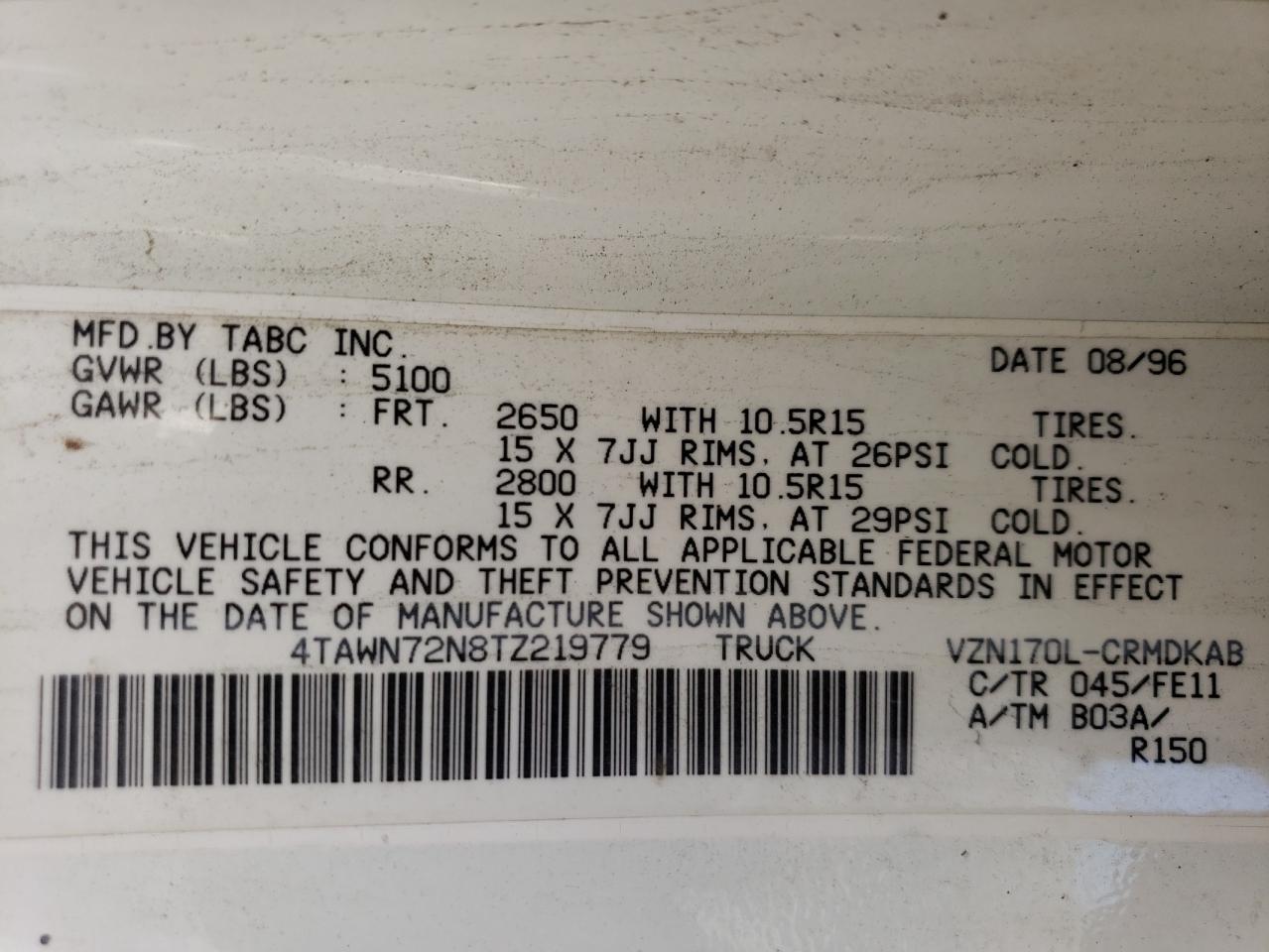 1996 Toyota Tacoma Xtracab VIN: 4TAWN72N8TZ219779 Lot: 68559454