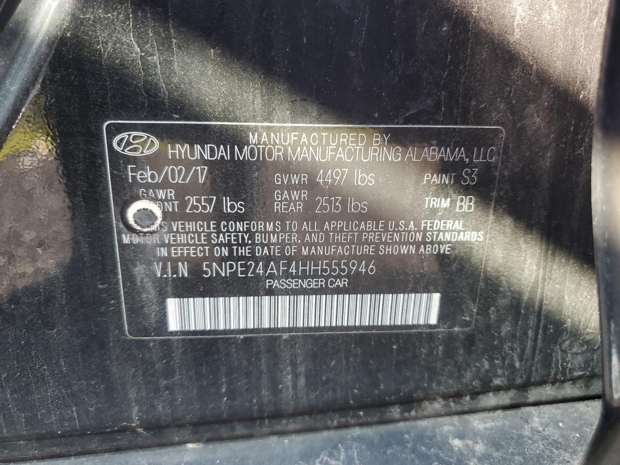 2017 Hyundai Sonata Se VIN: 5NPE24AF4HH555946 Lot: 66735374