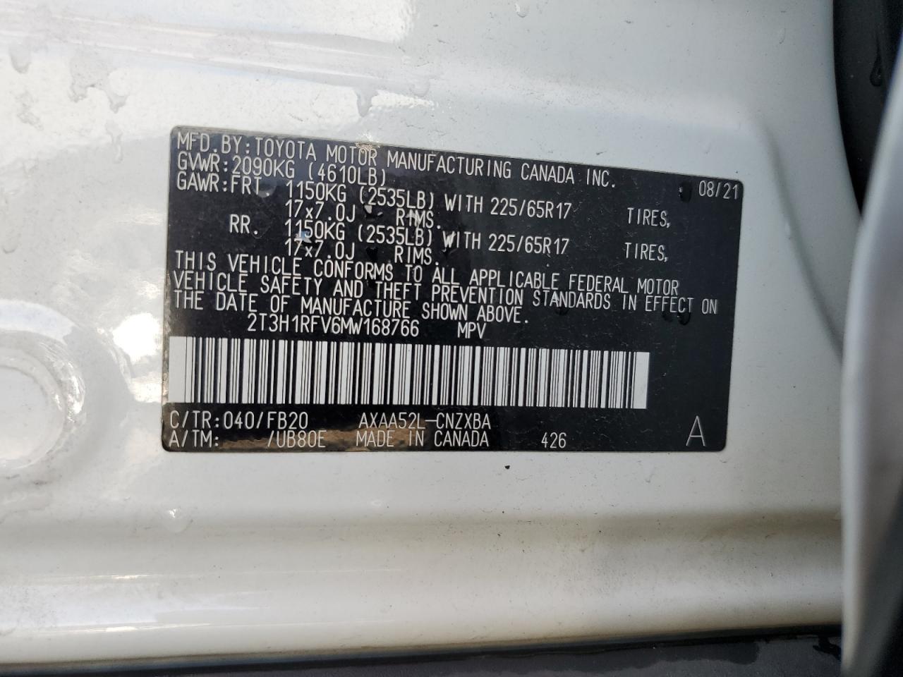 2021 Toyota Rav4 Le VIN: 2T3H1RFV6MW168766 Lot: 67150694