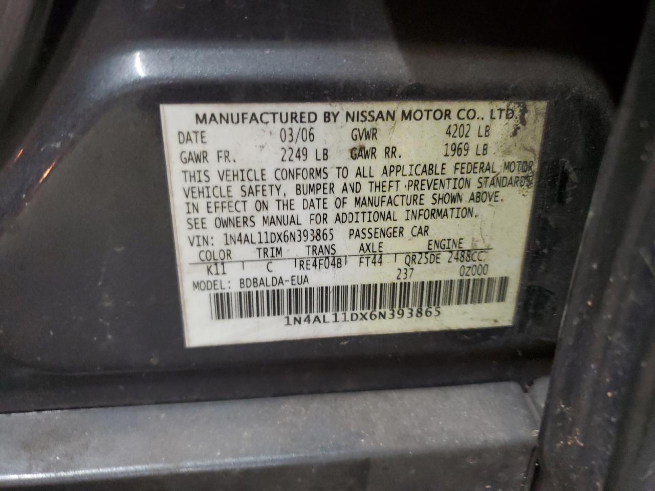 1N4AL11DX6N393865 2006 Nissan Altima S