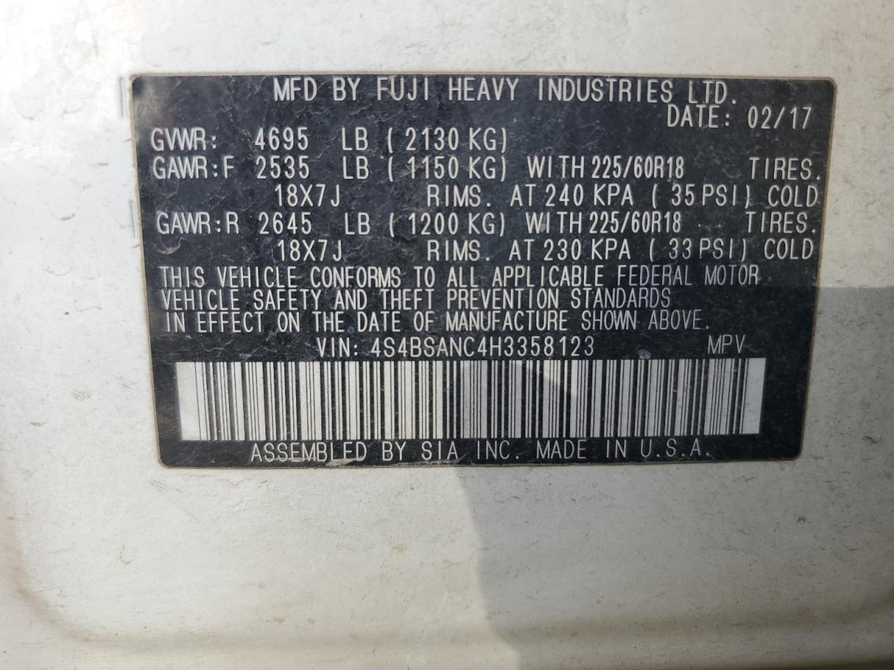 2017 Subaru Outback 2.5I Limited VIN: 4S4BSANC4H3358123 Lot: 69041914