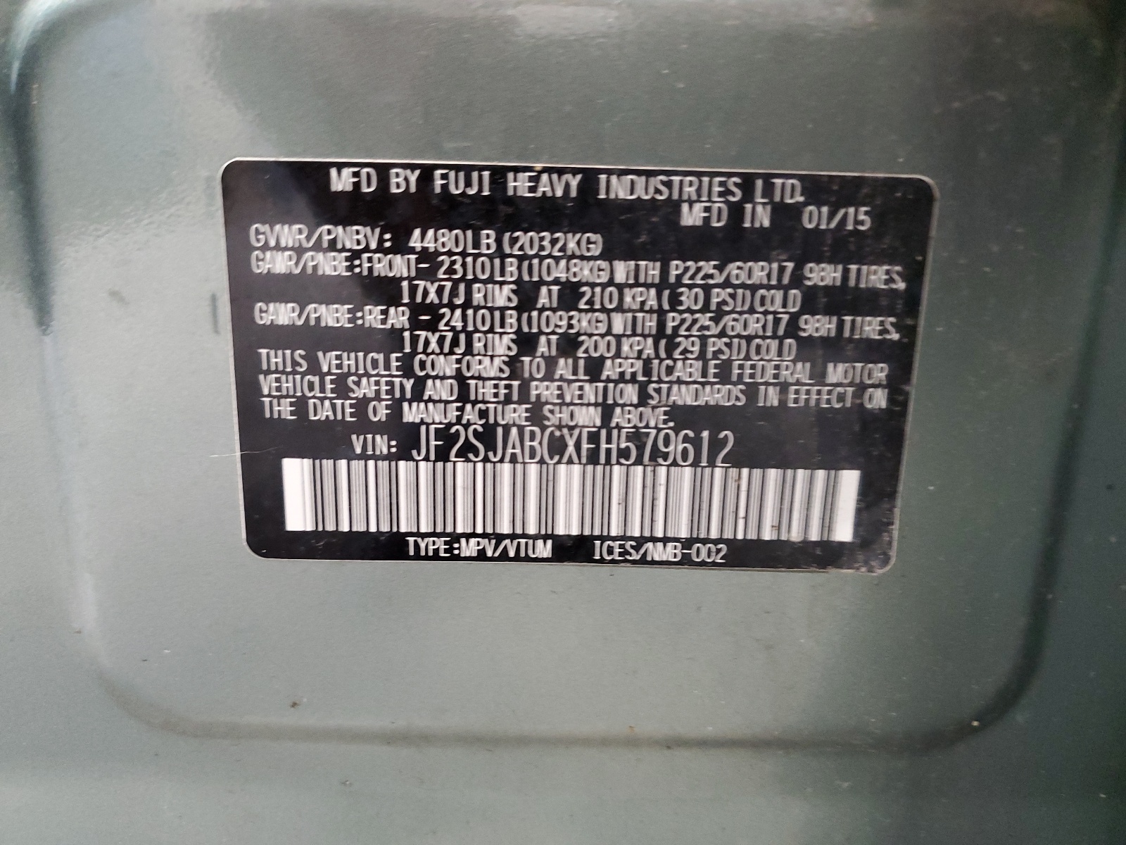 JF2SJABCXFH579612 2015 Subaru Forester 2.5I