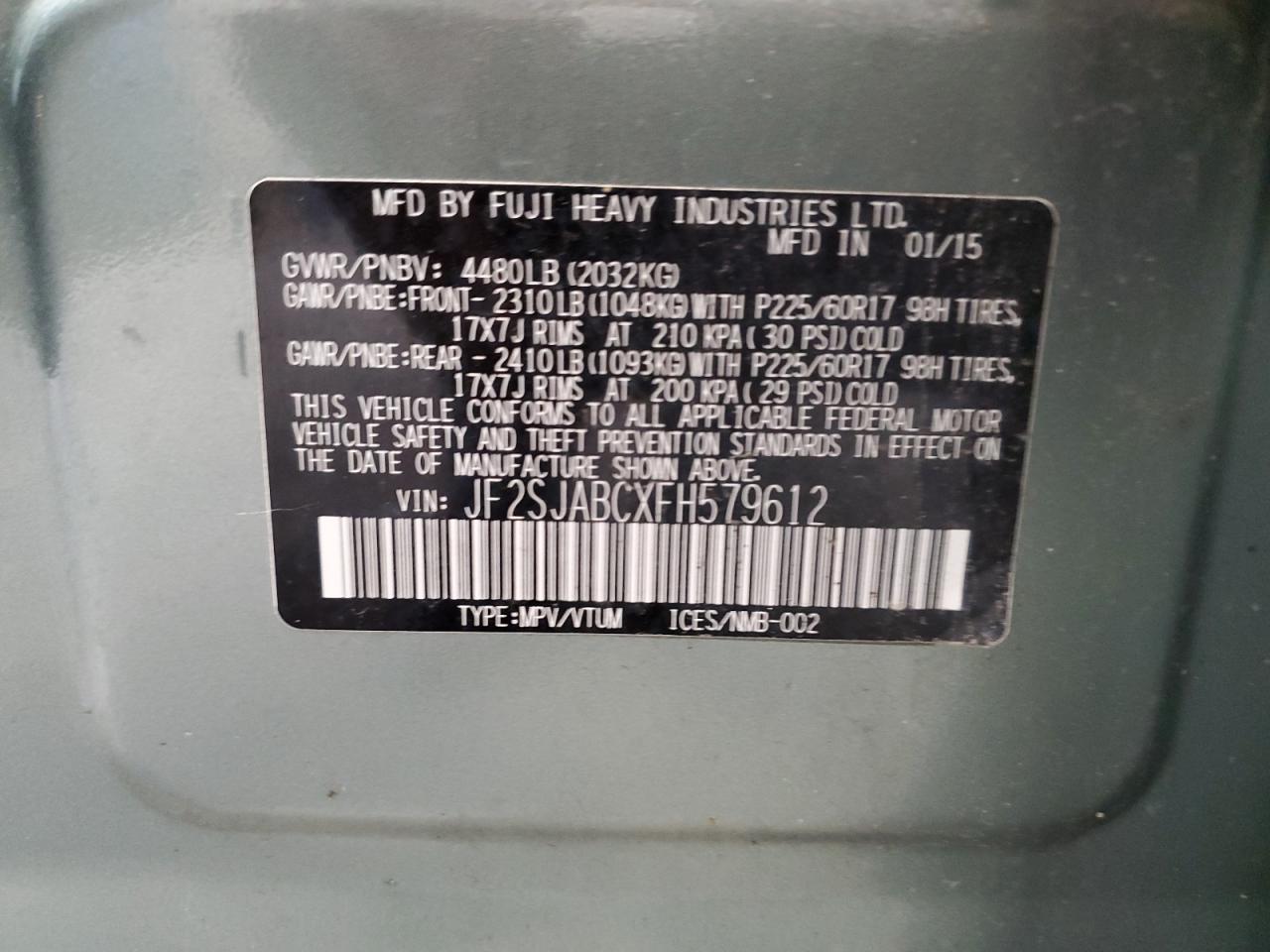 2015 Subaru Forester 2.5I VIN: JF2SJABCXFH579612 Lot: 66717794