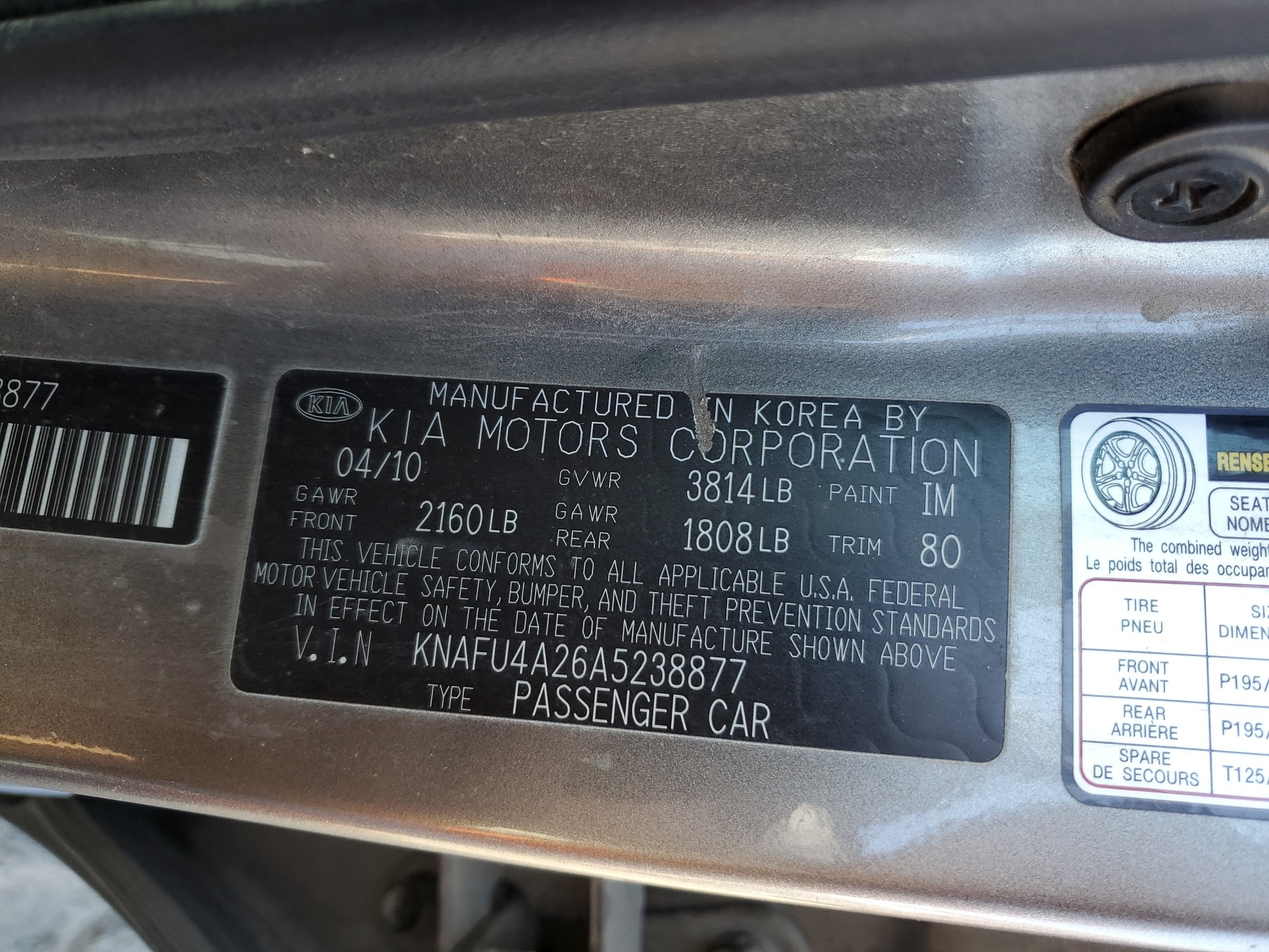 KNAFU4A26A5238877 2010 Kia Forte Ex