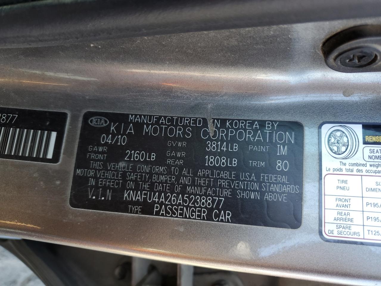 2010 Kia Forte Ex VIN: KNAFU4A26A5238877 Lot: 66902924