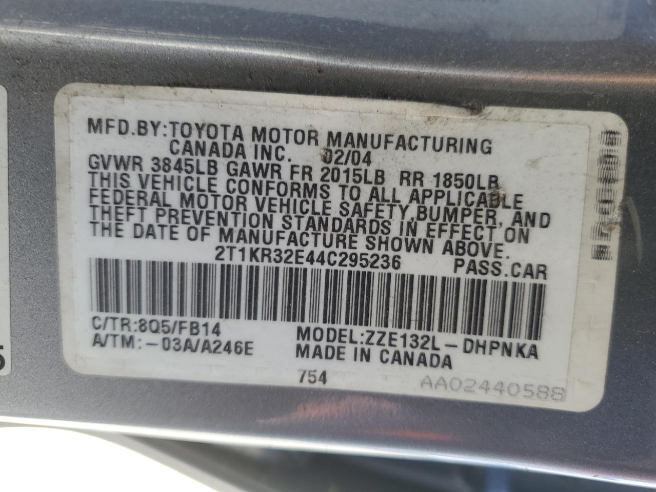 2004 Toyota Corolla Matrix Xr VIN: 2T1KR32E44C295236 Lot: 66696104