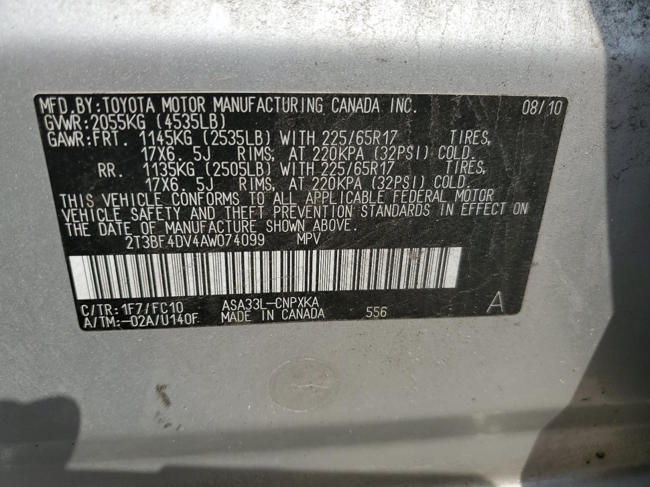 2T3BF4DV4AW074099 2010 Toyota Rav4