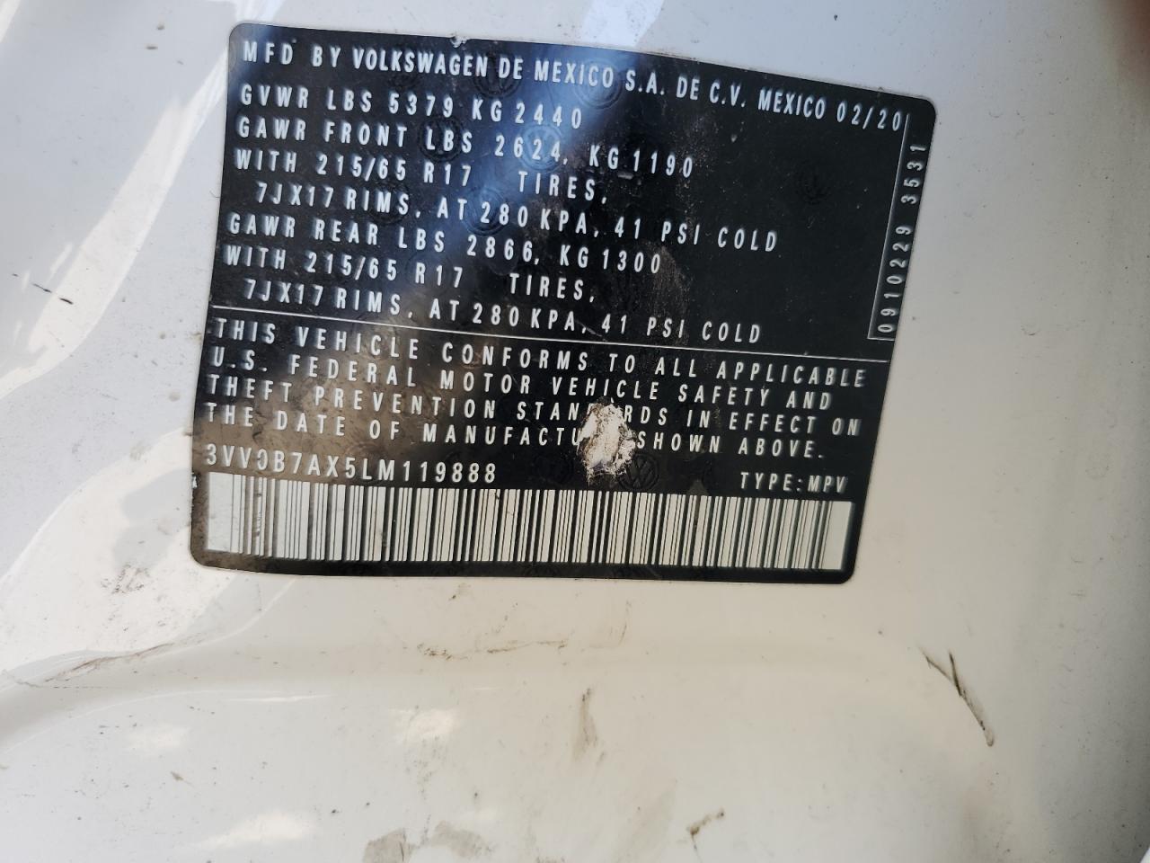 2020 Volkswagen Tiguan S VIN: 3VV0B7AX5LM119888 Lot: 67108624