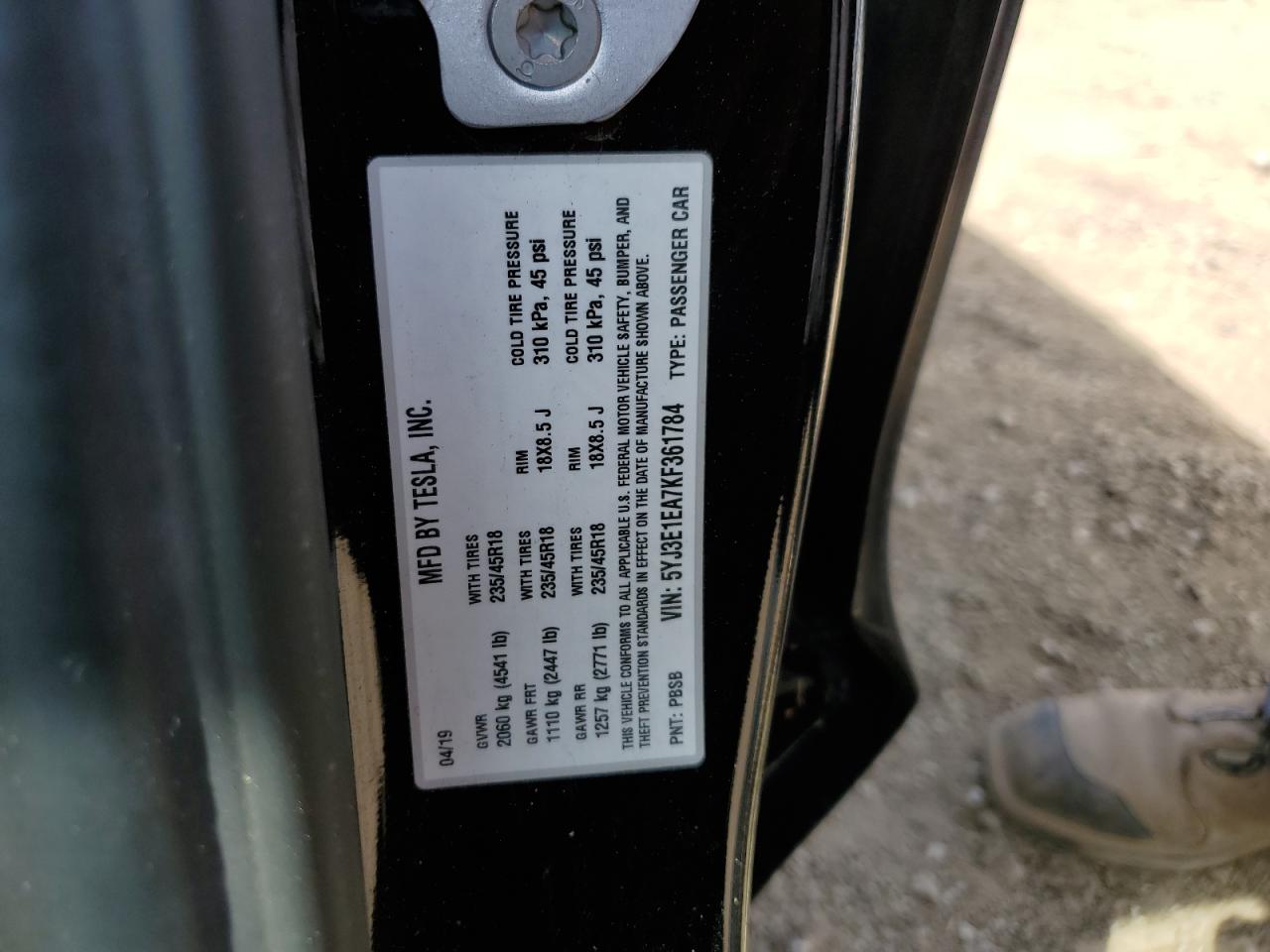 2019 Tesla Model 3 VIN: 5YJ3E1EA7KF361784 Lot: 68733764