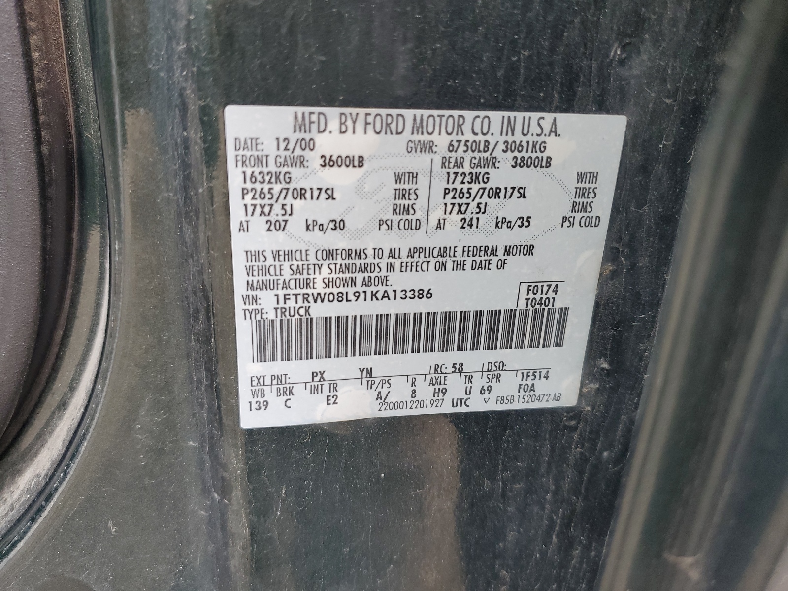 1FTRW08L91KA13386 2001 Ford F150 Supercrew