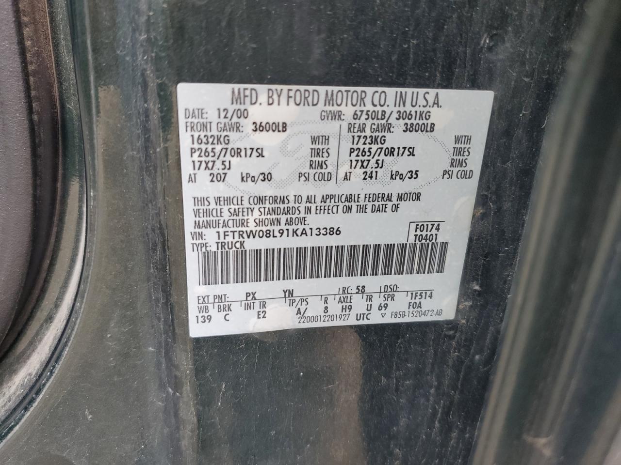 2001 Ford F150 Supercrew VIN: 1FTRW08L91KA13386 Lot: 67122574