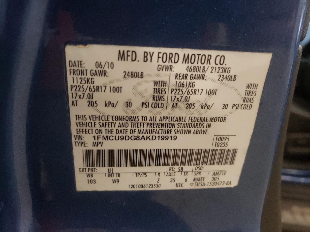 2010 Ford Escape Xlt VIN: 1FMCU9DG8AKD19919 Lot: 67734384