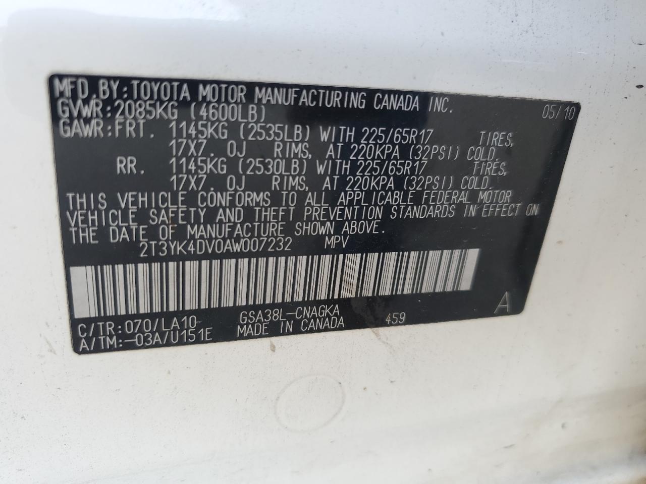 2010 Toyota Rav4 Limited VIN: 2T3YK4DV0AW007232 Lot: 65808594