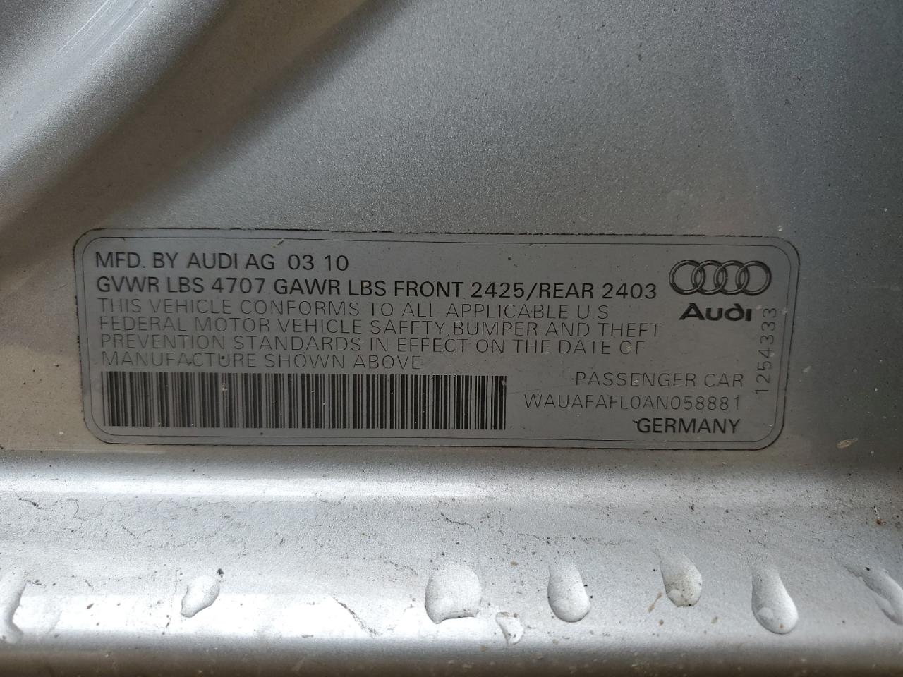 2010 Audi A4 Premium VIN: WAUAFAFL0AN058881 Lot: 68525234