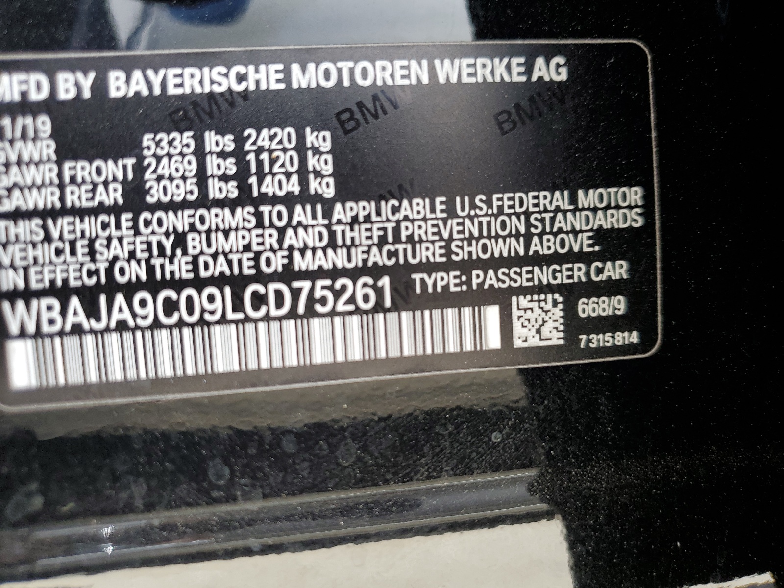 WBAJA9C09LCD75261 2020 BMW 530E