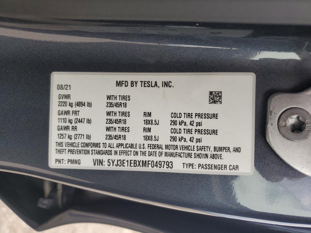 5YJ3E1EBXMF049793 2021 Tesla Model 3