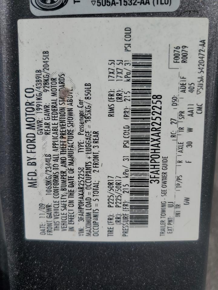 2010 Ford Fusion Se VIN: 3FAHP0HAXAR252258 Lot: 67198634