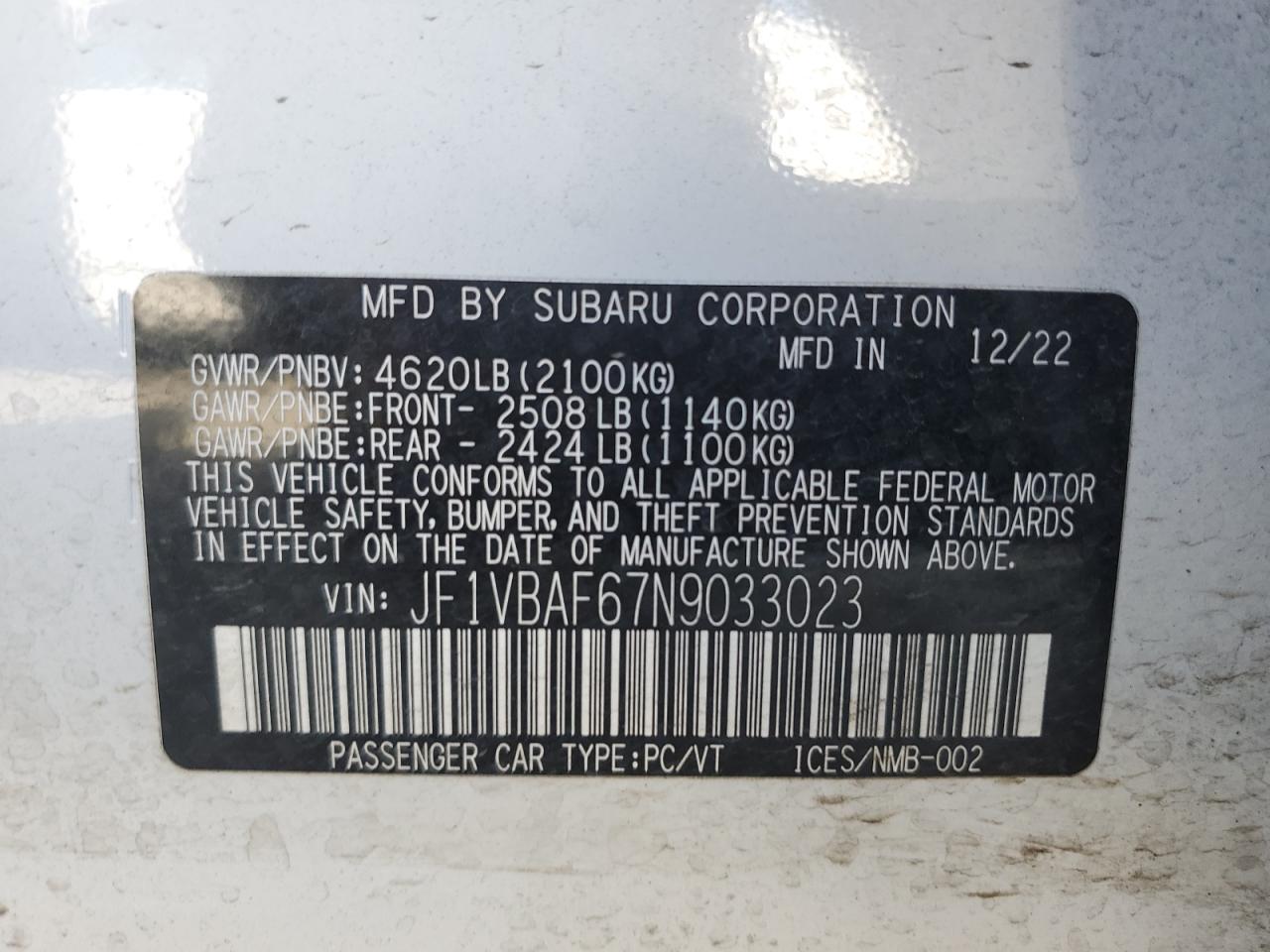 JF1VBAF67N9033023 2022 Subaru Wrx Premium