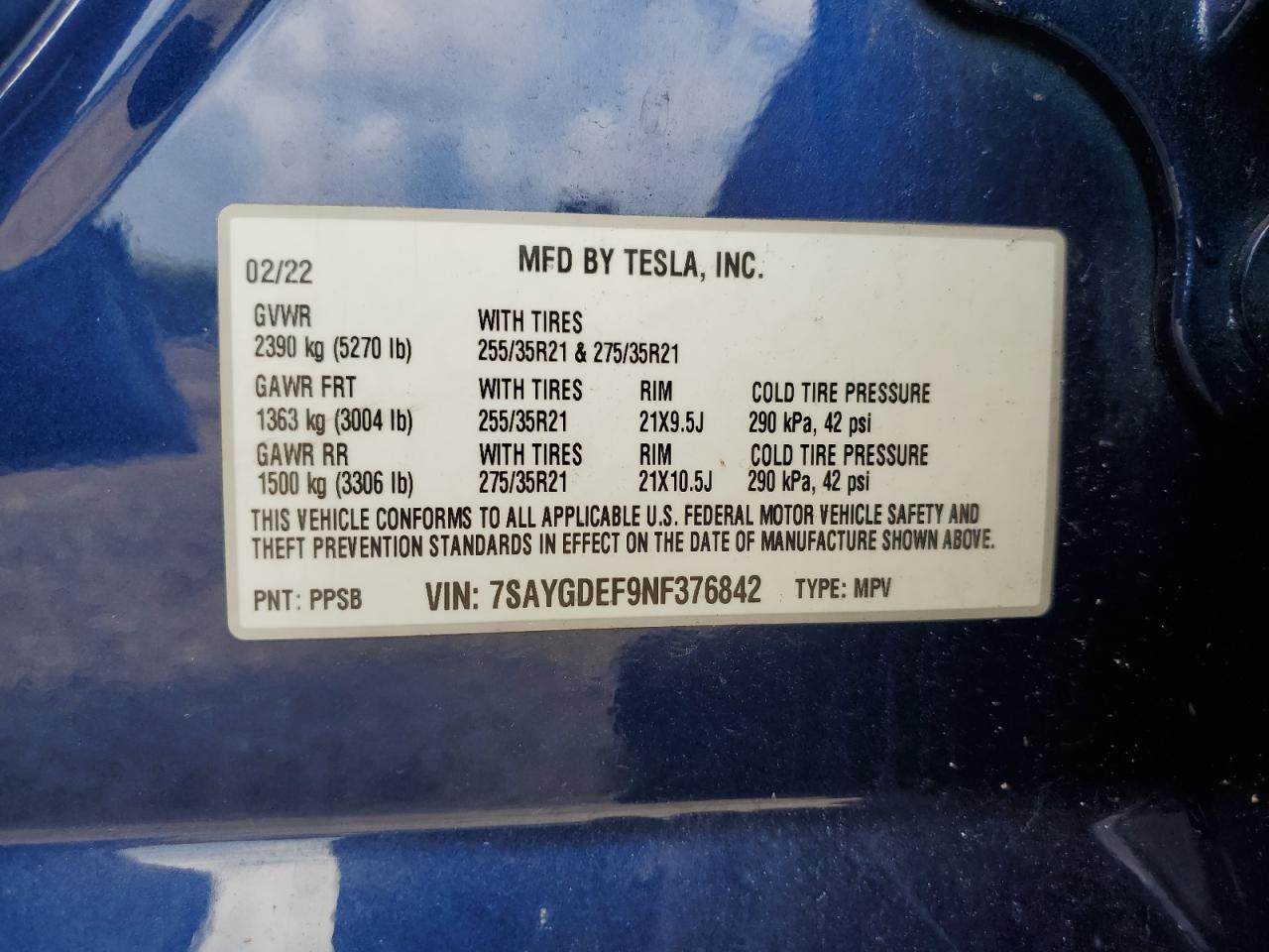 7SAYGDEF9NF376842 2022 Tesla Model Y