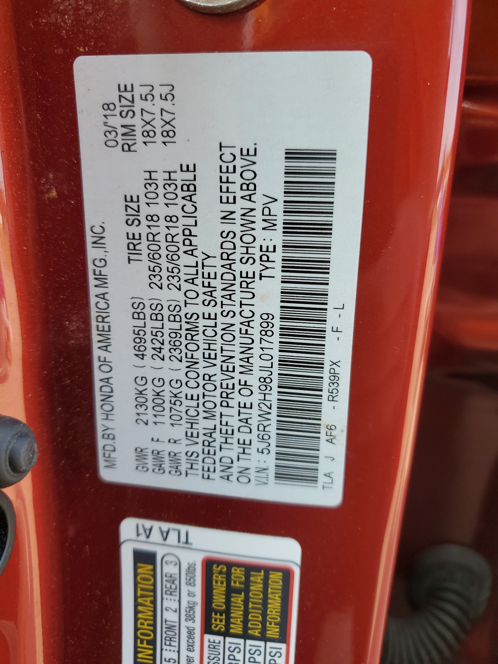 5J6RW2H98JL017899 2018 Honda Cr-V Touring